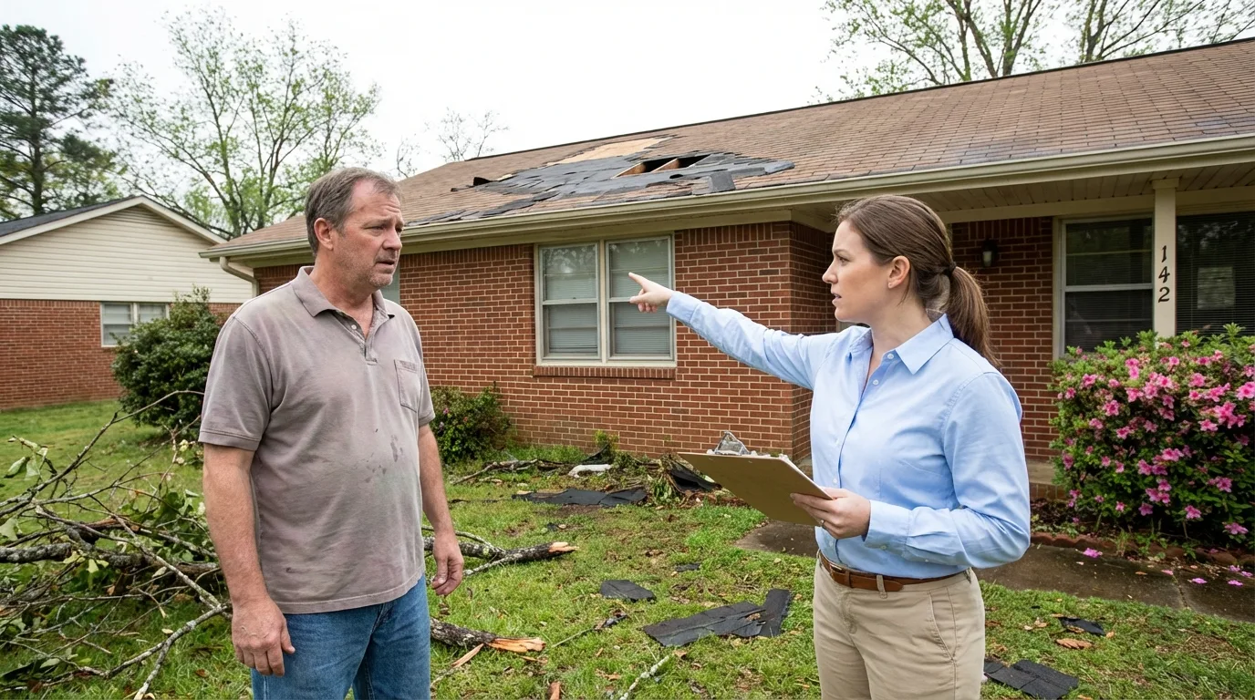 Insurance adjuster documenting storm damage to residential property with clipboard