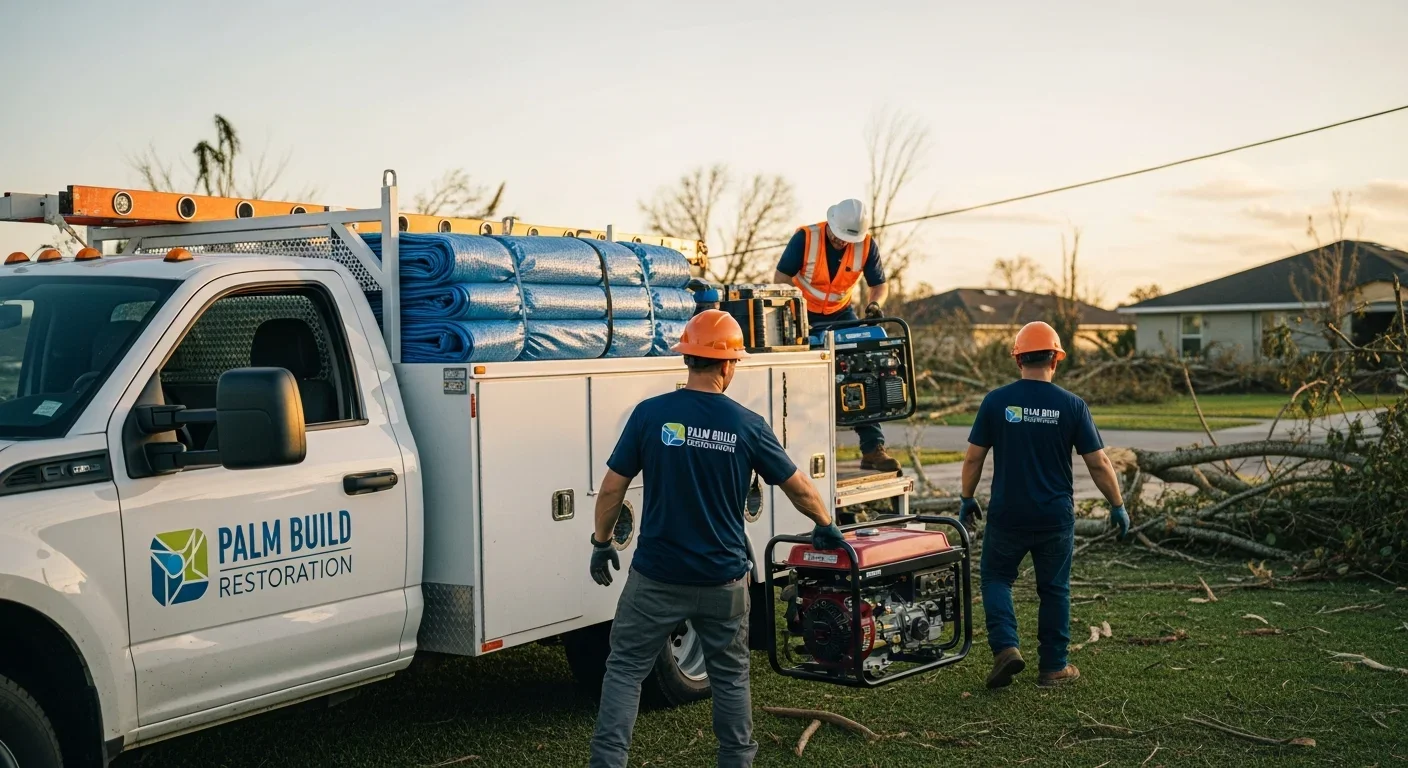 Palm Build storm response truck arriving in a hurricane-affected residential neighborhood