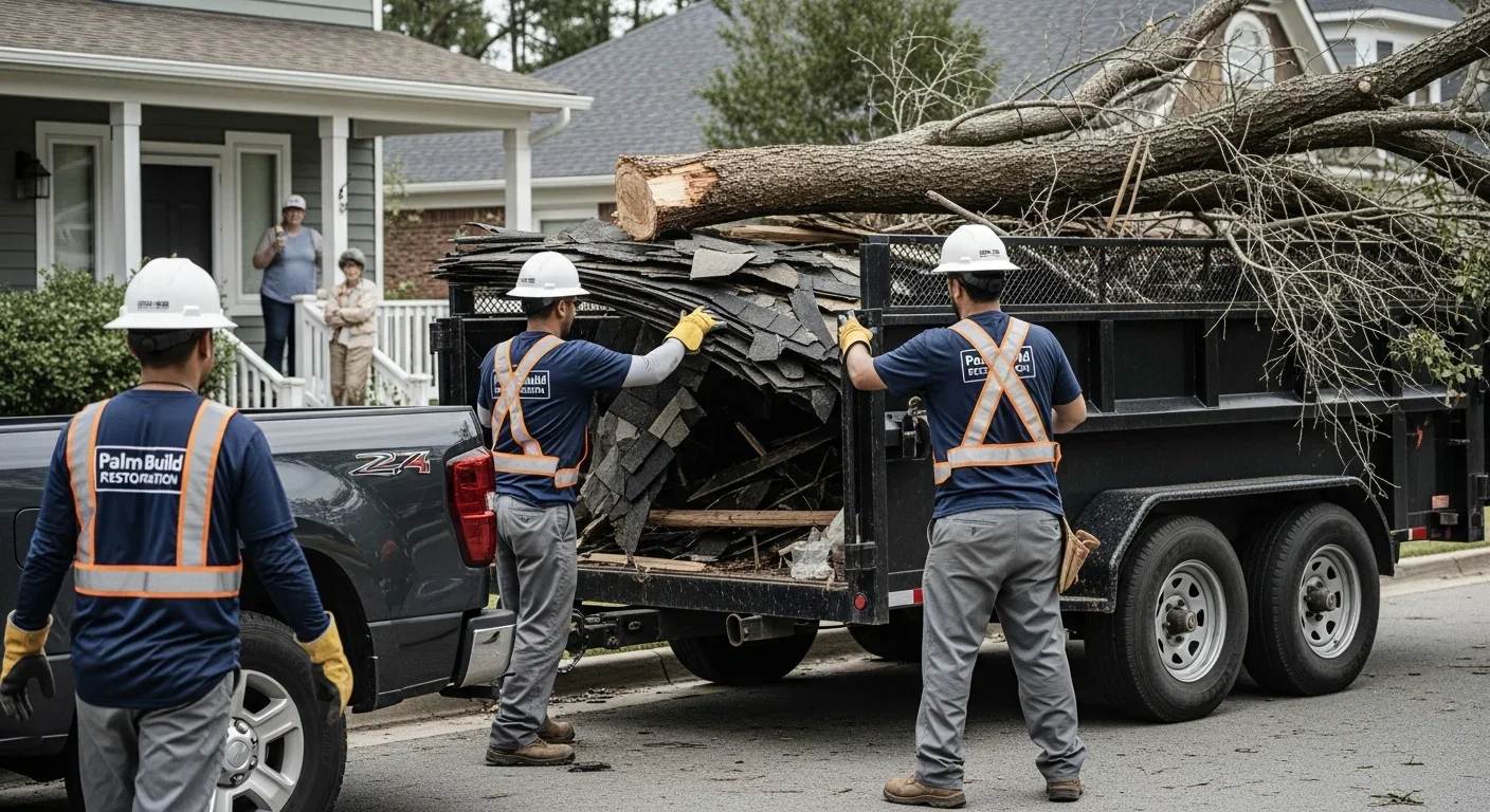 Storm debris removal crew clearing residential property after hurricane