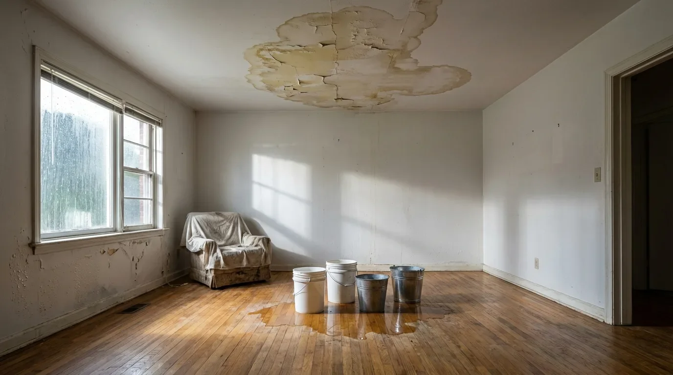 Interior water stains on ceiling and walls from wind-driven rain through damaged roof
