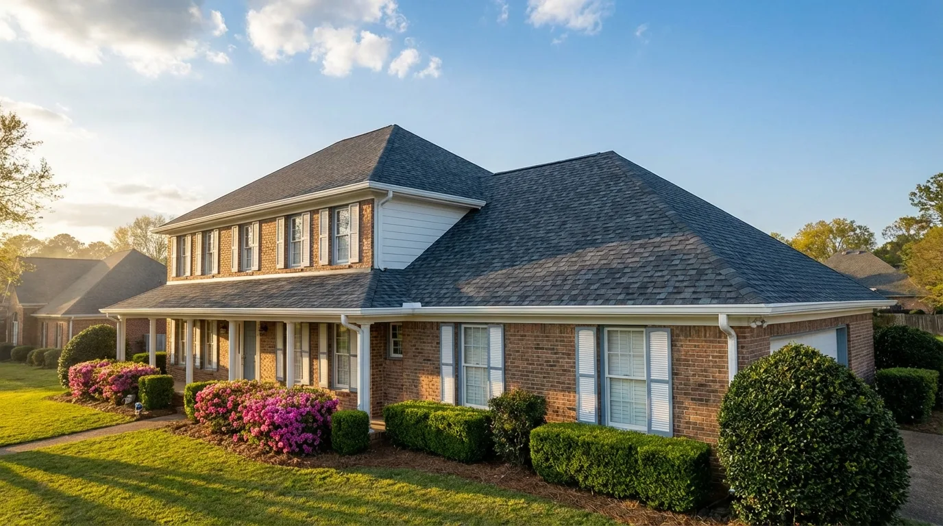 Fully restored residential roof with new architectural shingles after wind damage repair