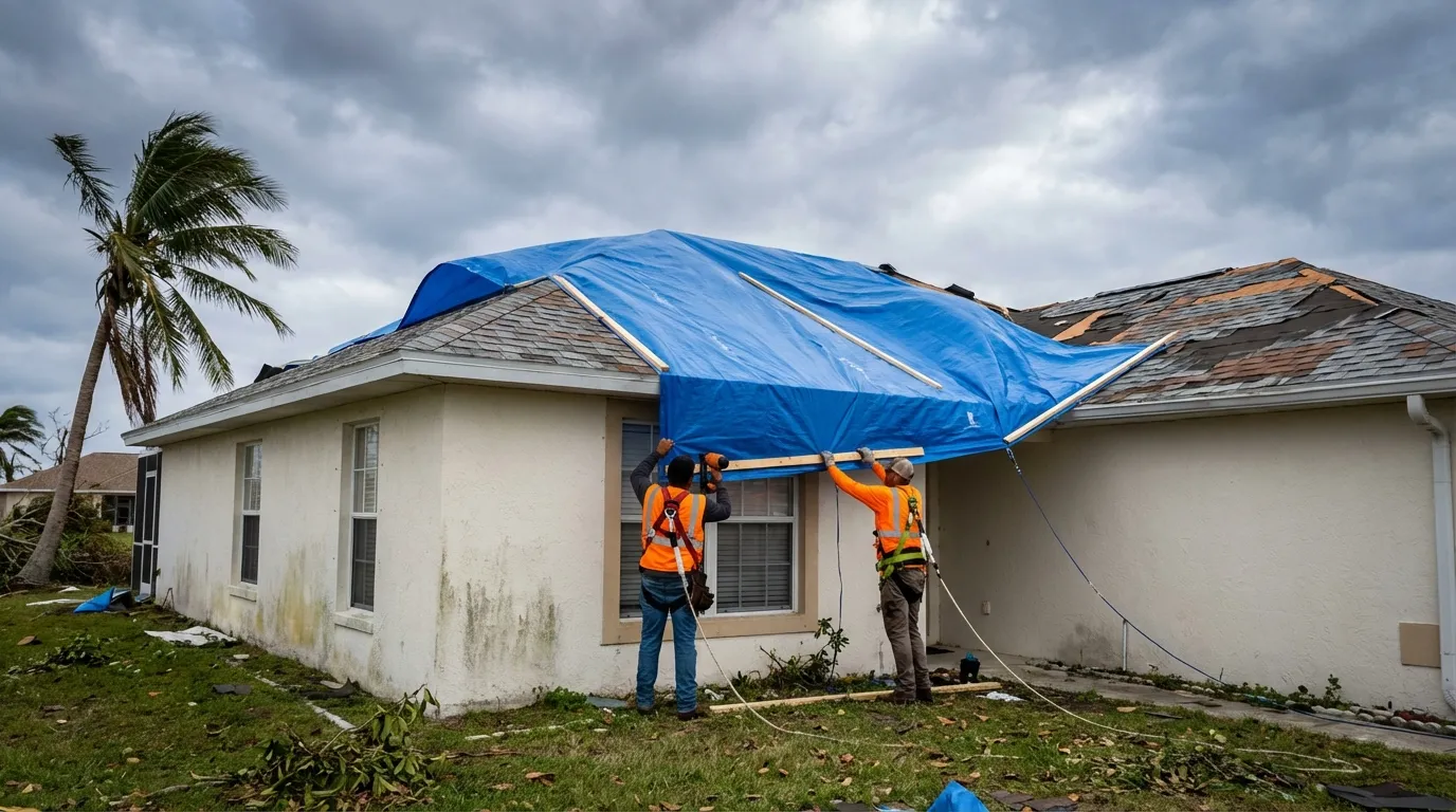 Professional crew installing emergency blue tarp on storm-damaged residential roof