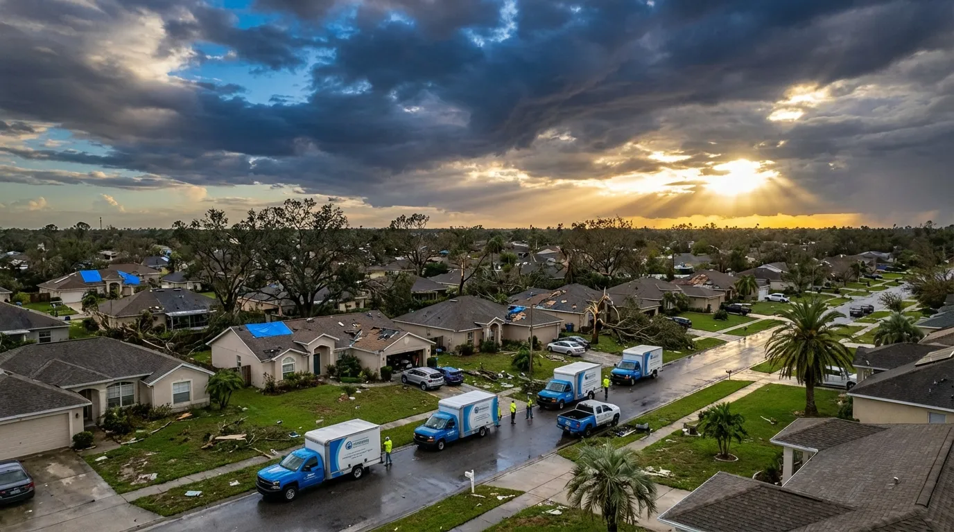 Storm aftermath with homes requiring insurance claims for wind and water damage