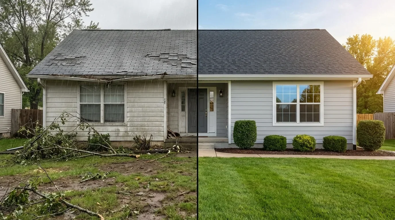 Before and after comparison of tornado-damaged property fully rebuilt