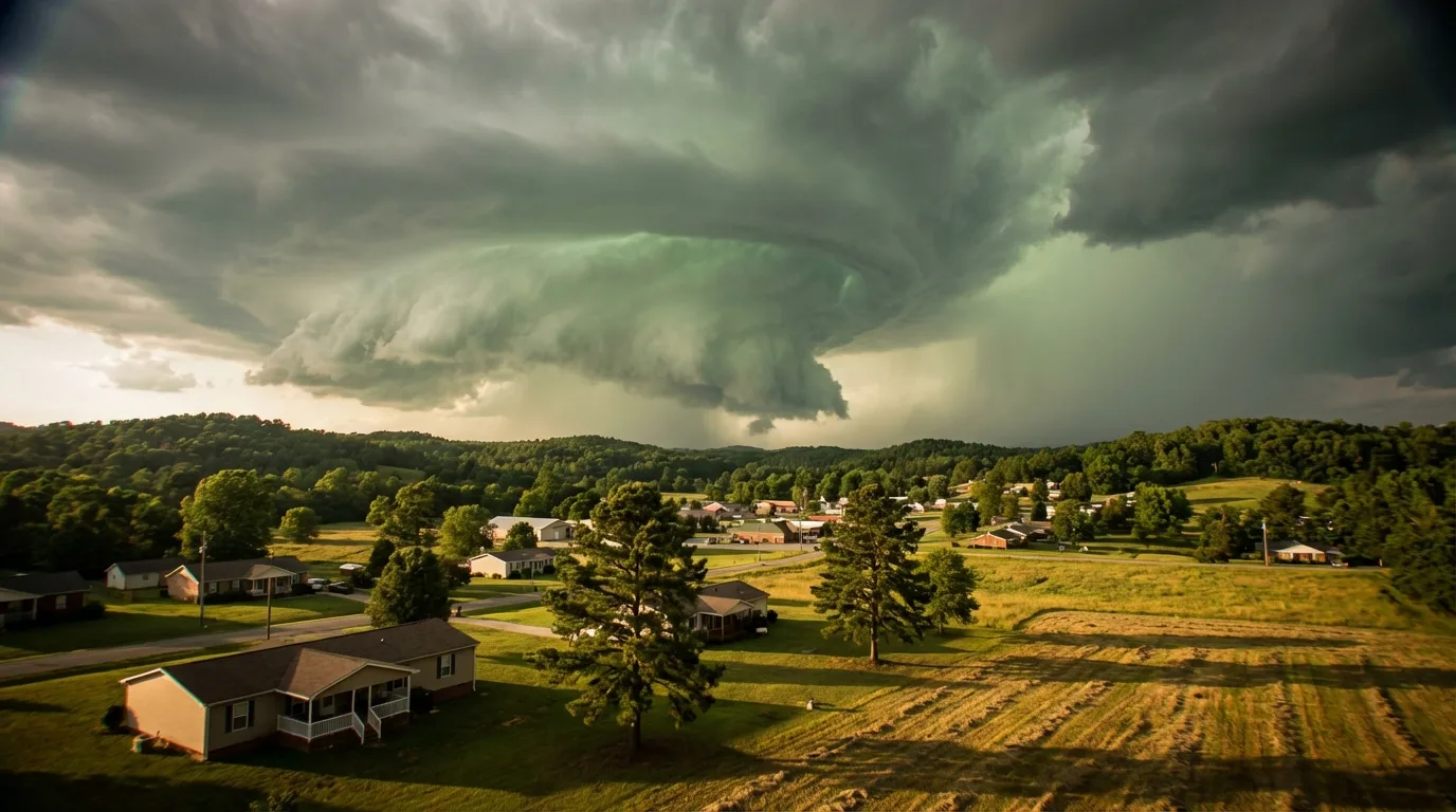Dramatic supercell thunderstorm approaching a Carolina town with rotating wall cloud