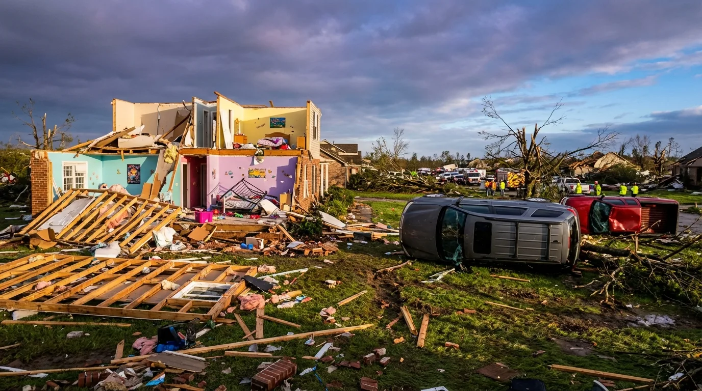 Massive debris field in residential area after EF3 tornado with splintered building materials