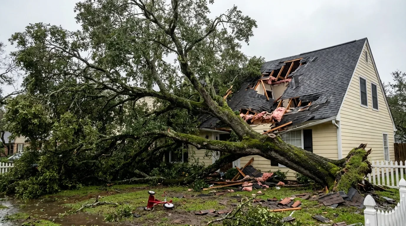 Large tree fallen onto residential roof from tornado-force winds