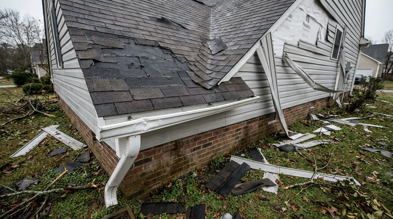 Wind-damaged residential roof with missing shingles and torn siding