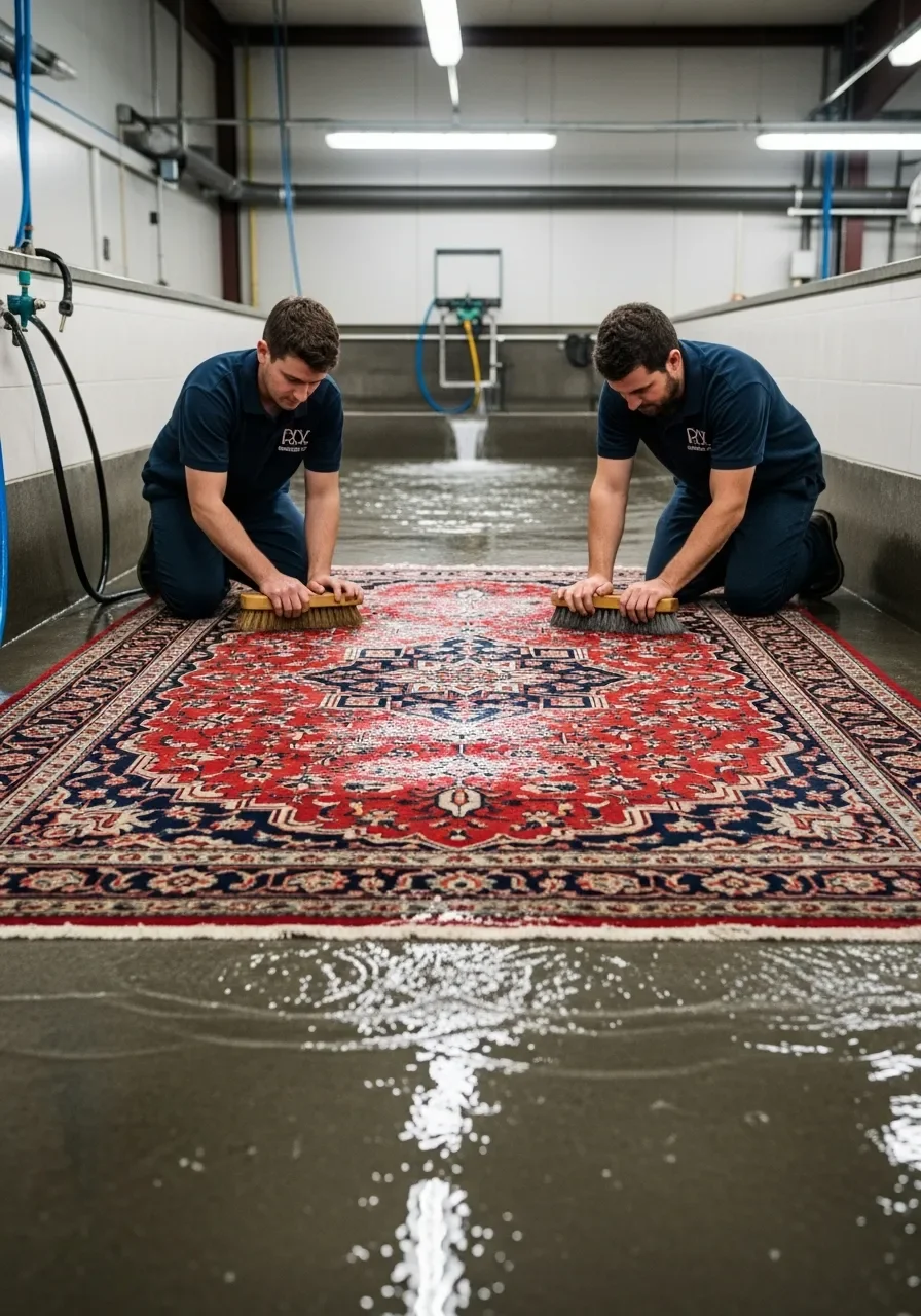 Hand-knotted Persian rug being washed flat in a controlled rug wash facility by Palm Build textile specialists
