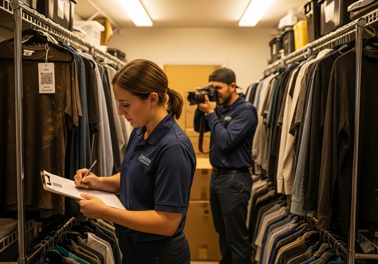 Palm Build textile technicians packing out and inventorying clothing from a fire-damaged property