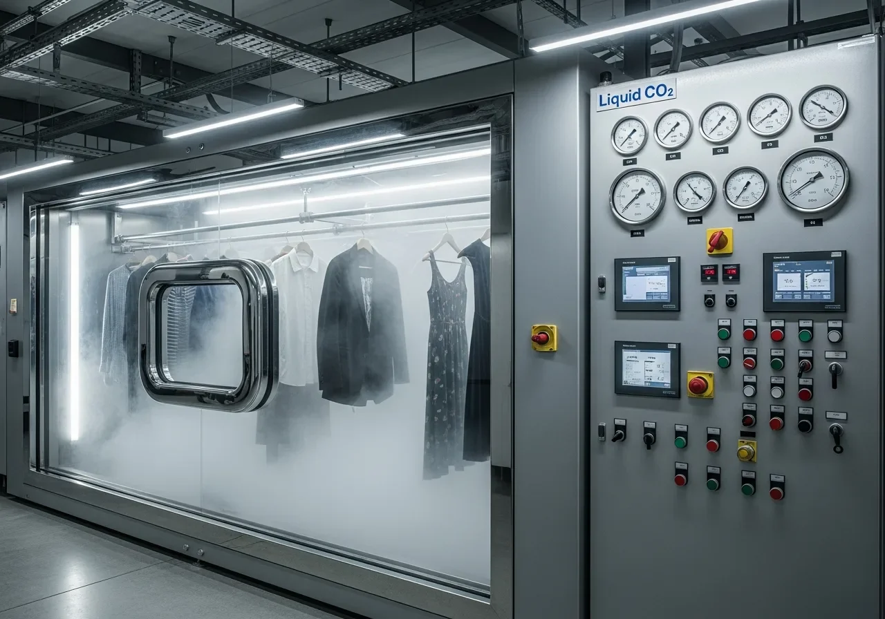 Liquid CO2 textile cleaning chamber processing smoke-affected garments