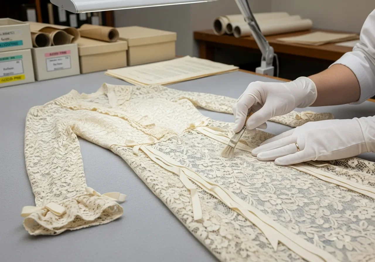 Heirloom garment conservation work on a vintage textile by trained specialist