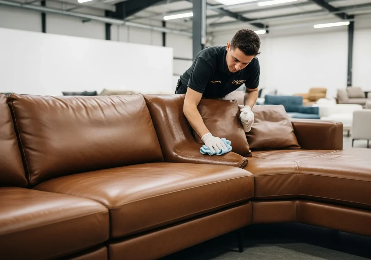 Palm Build technician cleaning and conditioning a leather sofa during furniture restoration