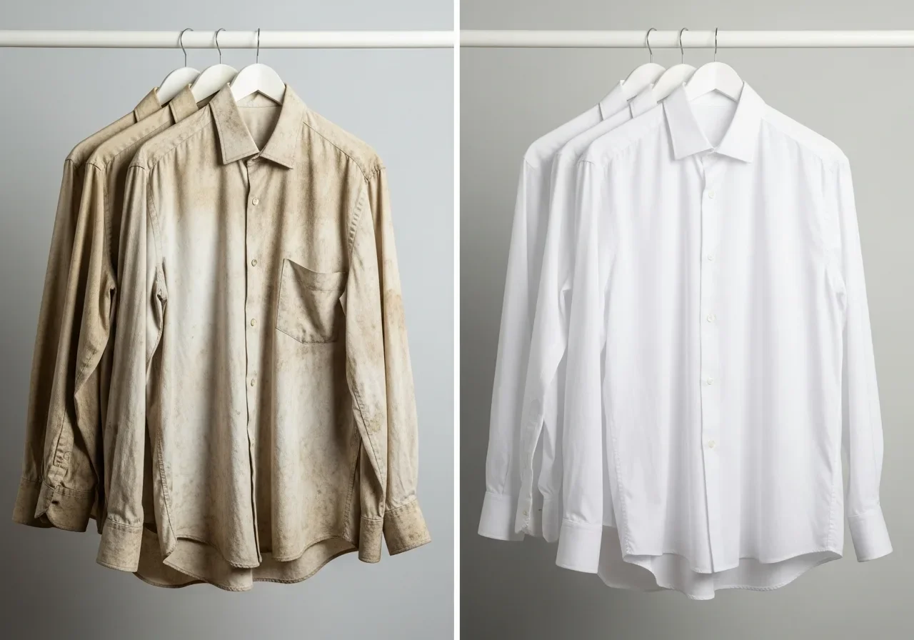 Before and after comparison of smoke-damaged clothing restored by Palm Build