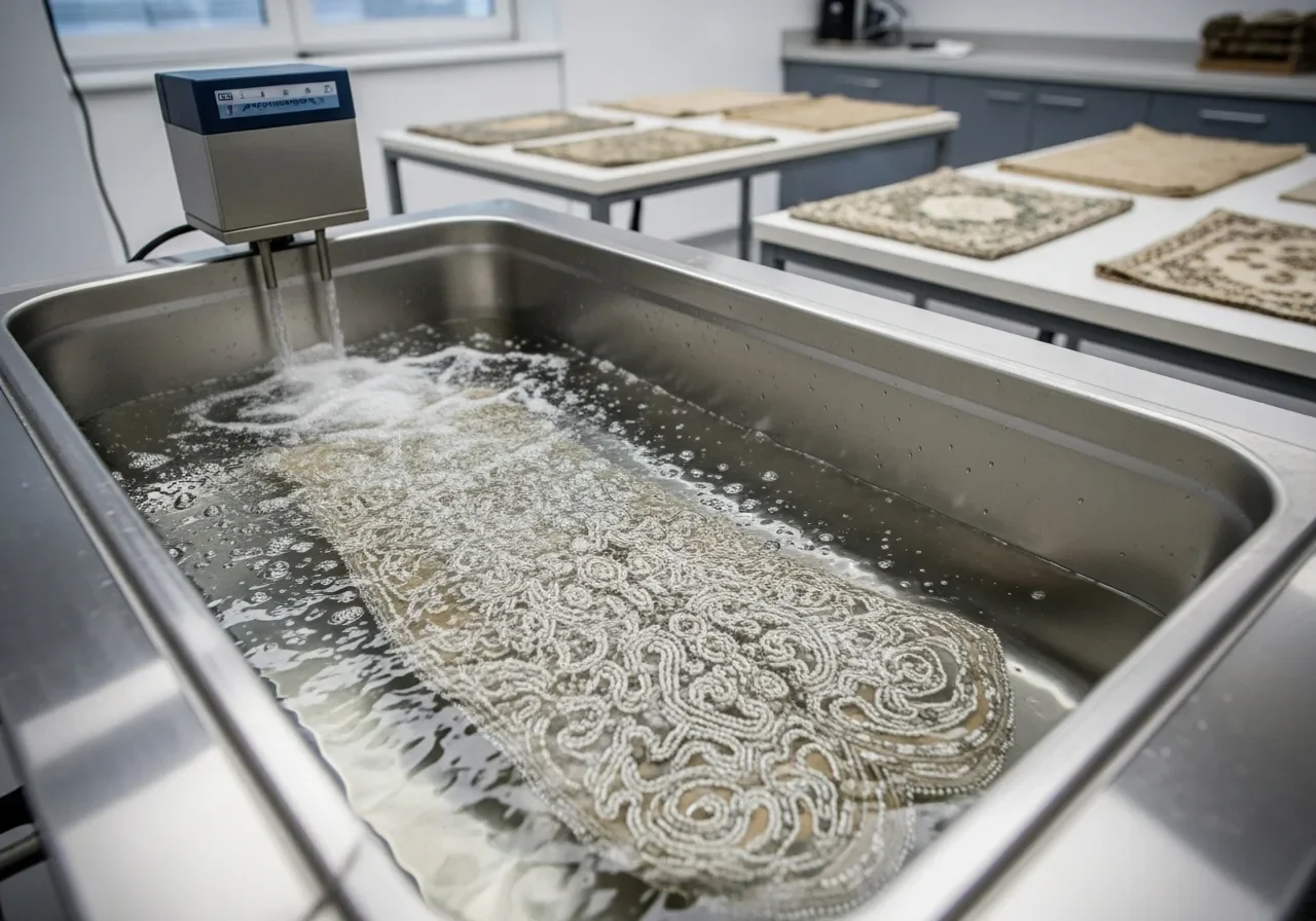 Ultrasonic cleaning bath processing delicate textiles and beaded heirloom items