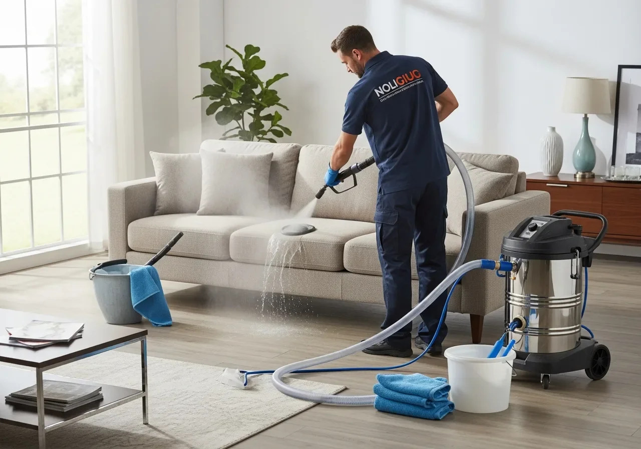 Steam extraction in progress on residential upholstery sofa