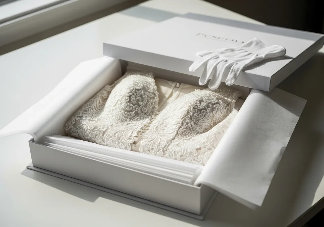 Acid-free wedding dress preservation box prepared after restoration