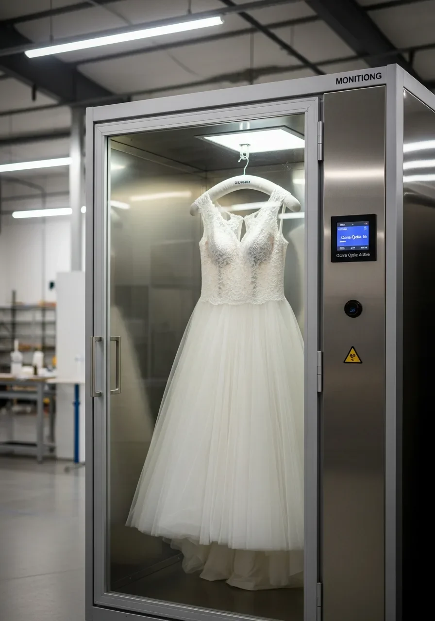 Wedding dress hanging inside a Palm Build ozone chamber for smoke odor restoration