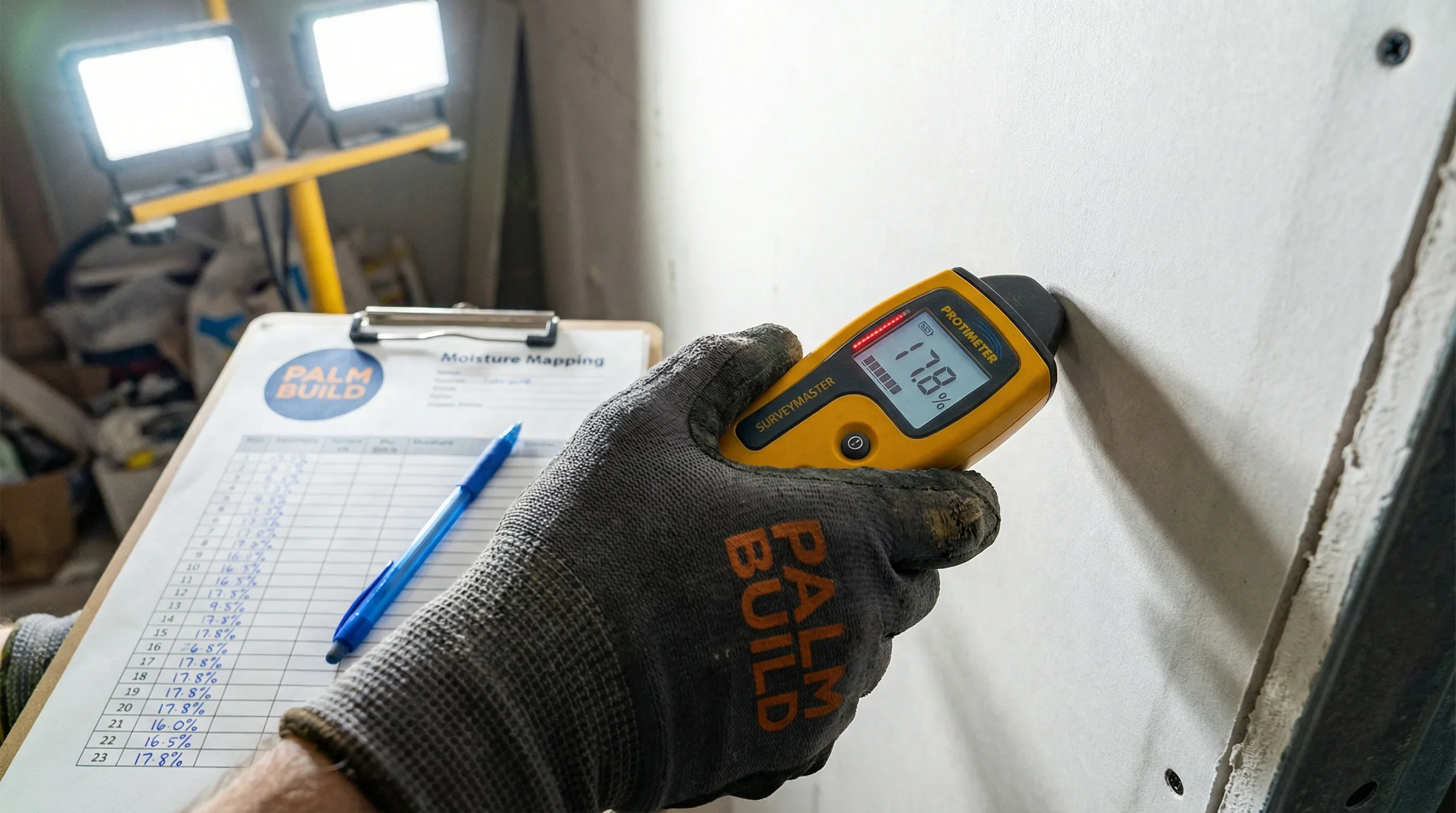 Close-up moisture meter reading on a damp wall