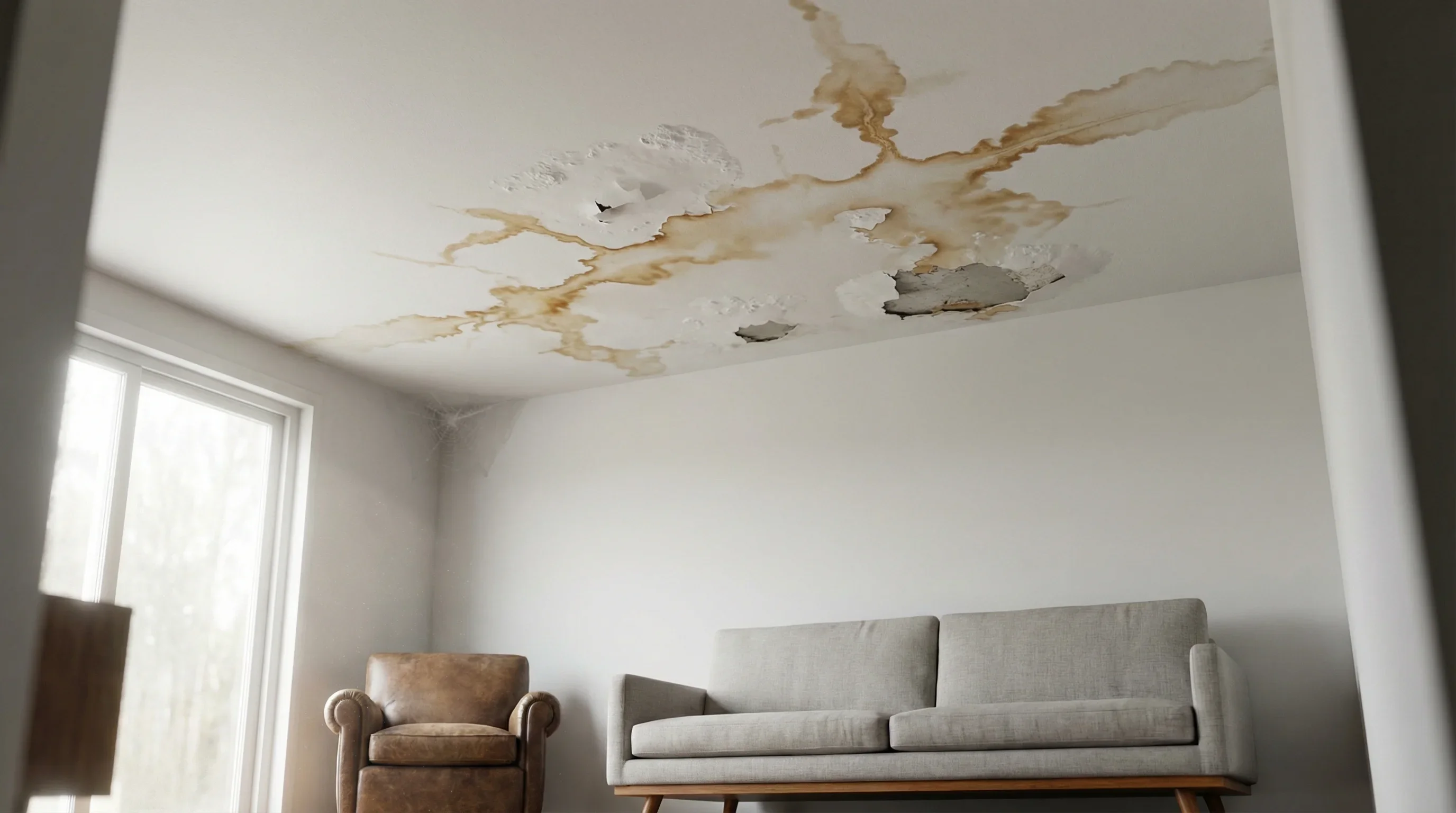 Mid shot of ceiling staining from a water leak above