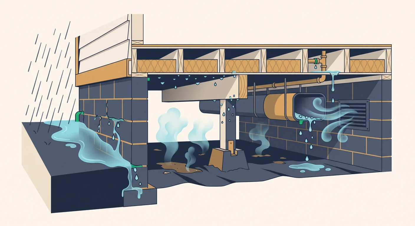 Illustration of a crawl-space cutaway showing rainwater, a plumbing leak, humid air at a vent, and vapor rising from soil