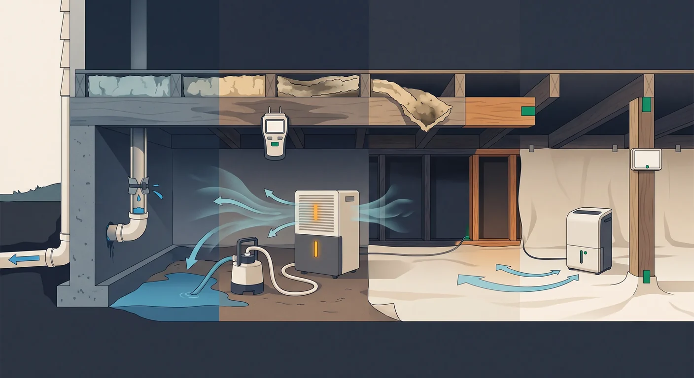 Illustration of crawl-space repair progressing from source control and drying to damaged-material removal, framing repair, and a sealed dry space