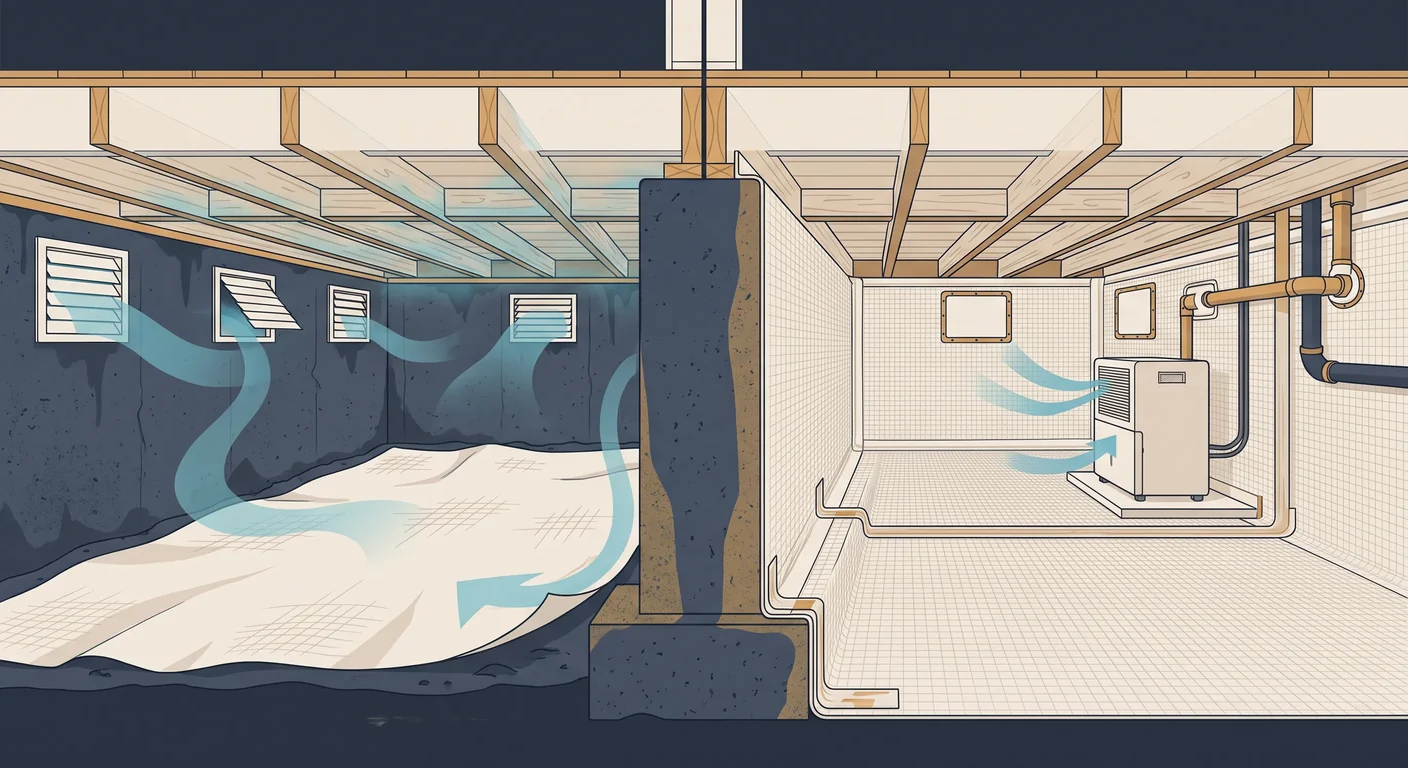 Illustration comparing a ground-only vapor barrier in a vented crawl space with full wall-to-floor encapsulation and dehumidification