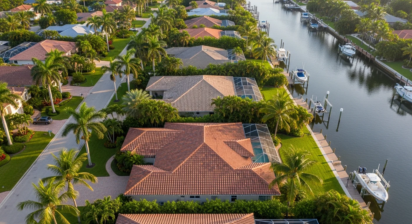 Aerial view of a Spanish-tile-roof Delray Beach residential block
