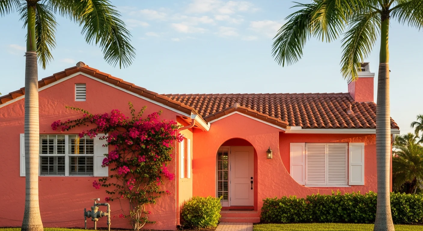 Spanish-tile-roofed Delray Beach home with mature palms and bougainvillea