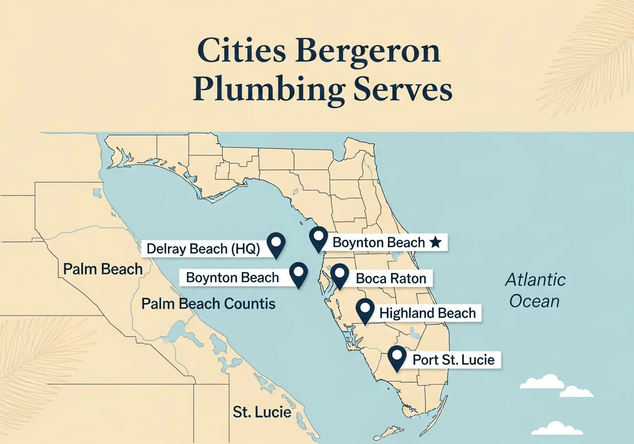 Cities Bergeron Plumbing serves — Delray Beach, Boynton Beach, Boca Raton, Highland Beach, Port St. Lucie
