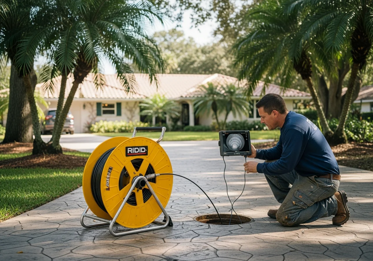 Bergeron Plumbing sewer line camera inspection on a Delray Beach property