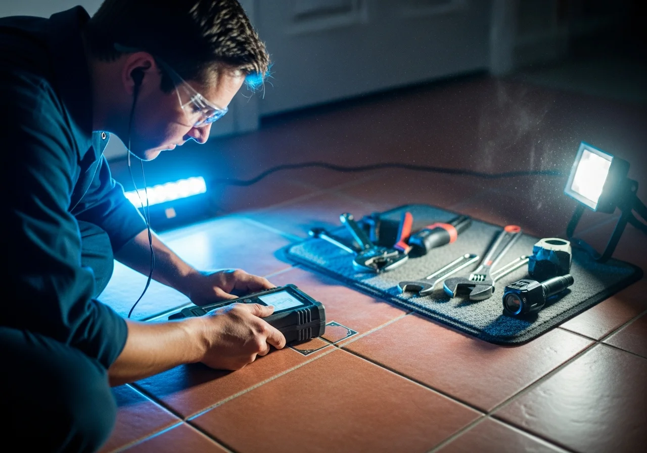 Bergeron Plumbing technician using acoustic leak detection on a Delray Beach slab
