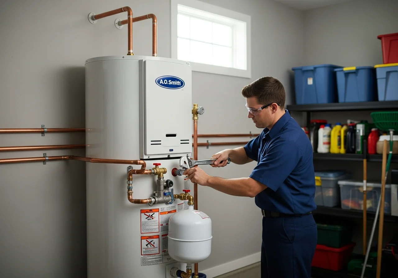 A.O. Smith water heater install by Bergeron Plumbing in a Florida garage