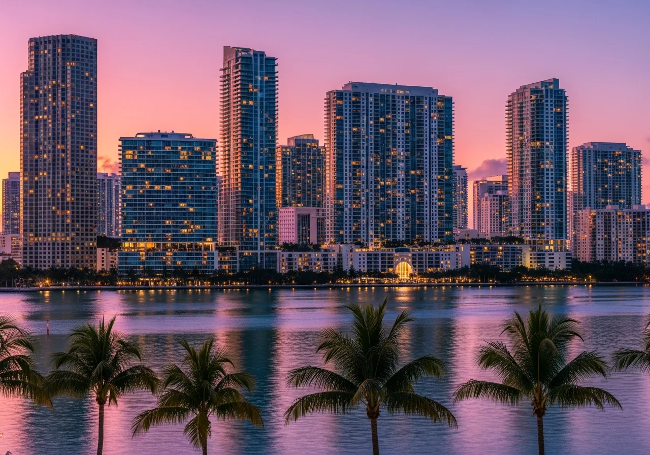 Brickell skyline at dusk over Biscayne Bay, Miami