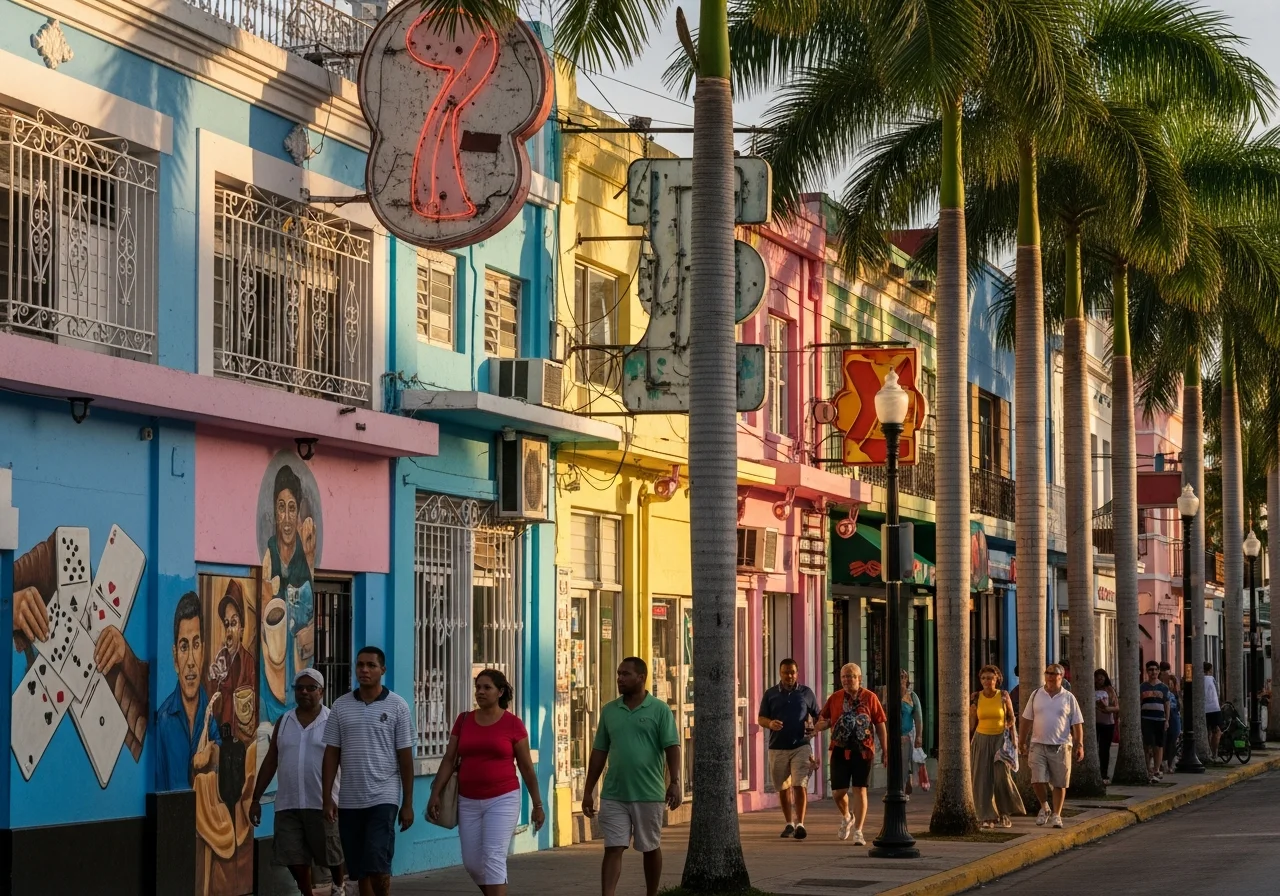 Calle Ocho streetscape in Little Havana, Miami — pastel storefronts and royal palms