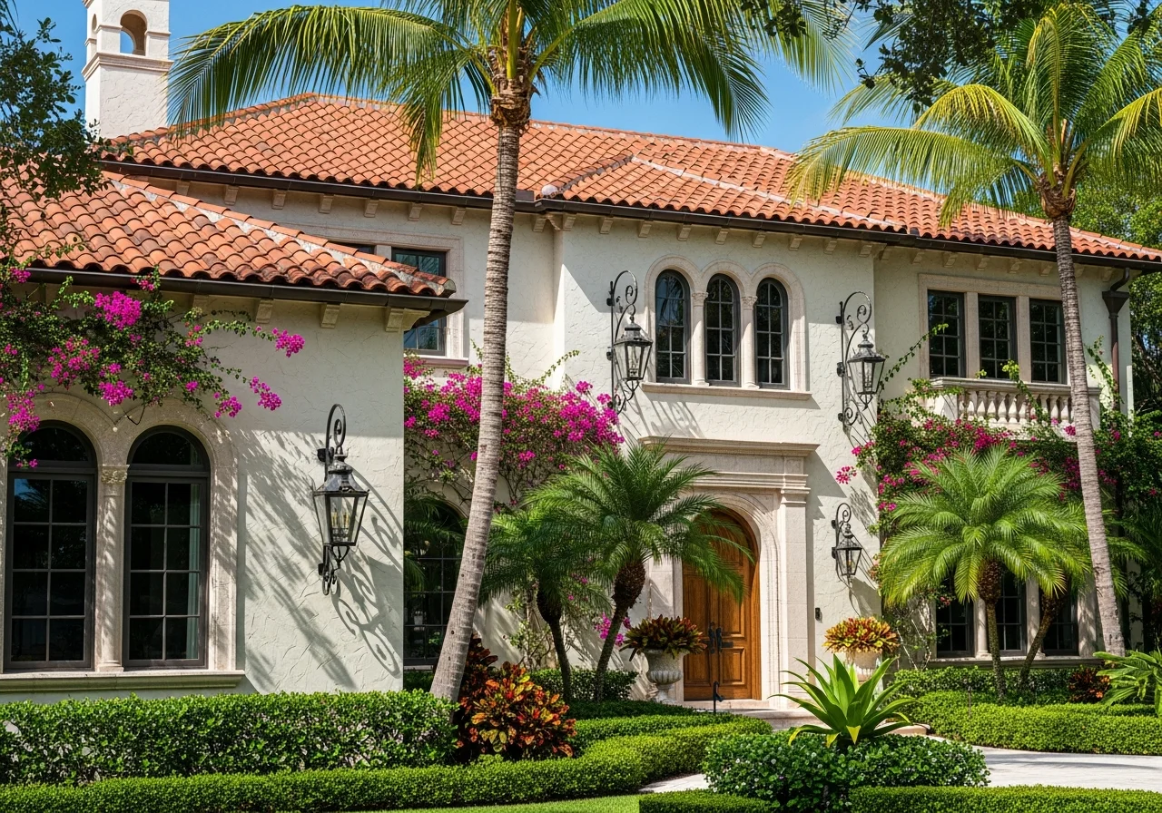 Coral Gables Mediterranean-revival home in Miami with barrel-tile roof and royal palms