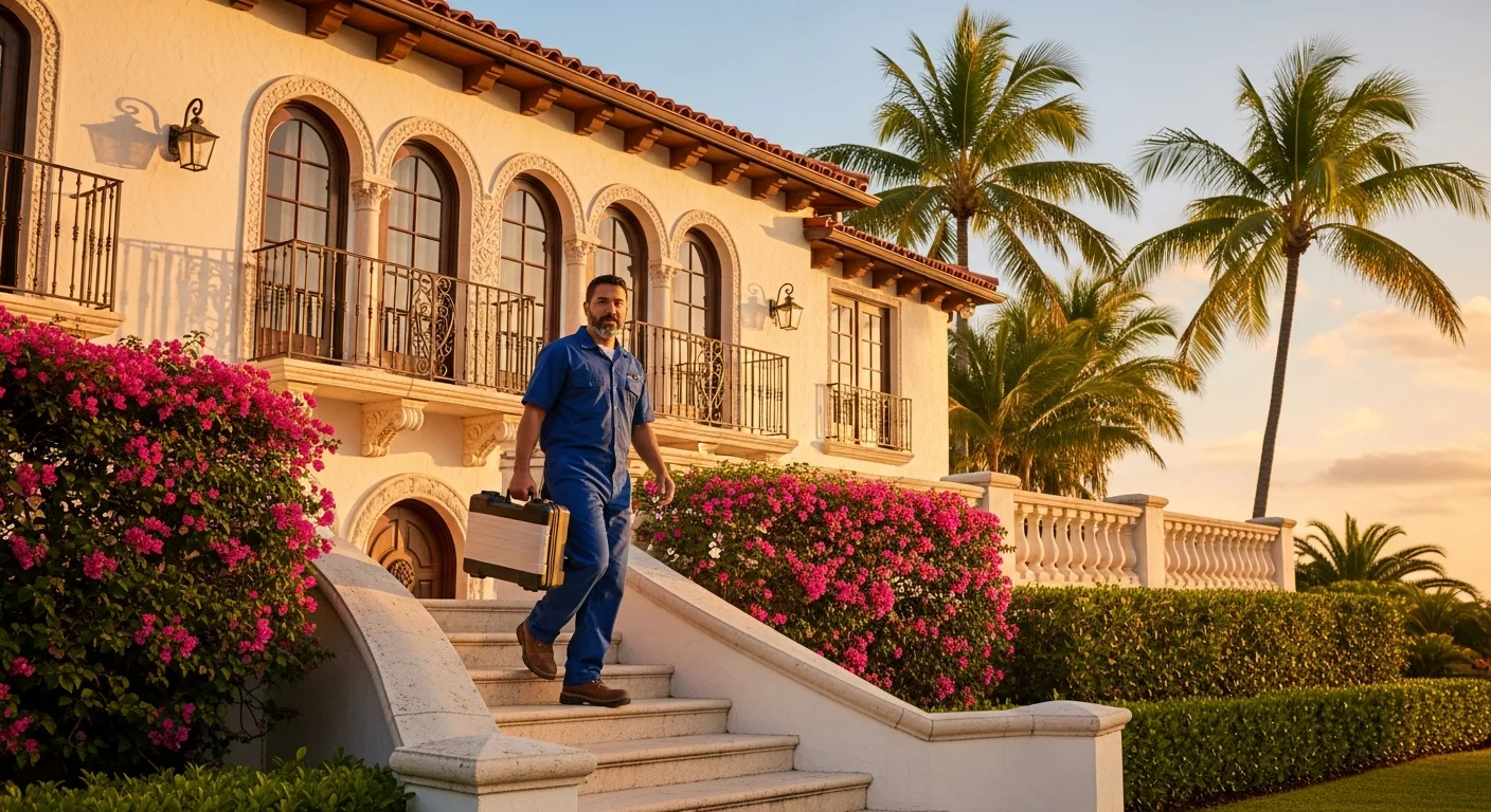 Borkat Plumbing technician at the entrance of a Coral Gables Mediterranean-revival home in Miami at sunset