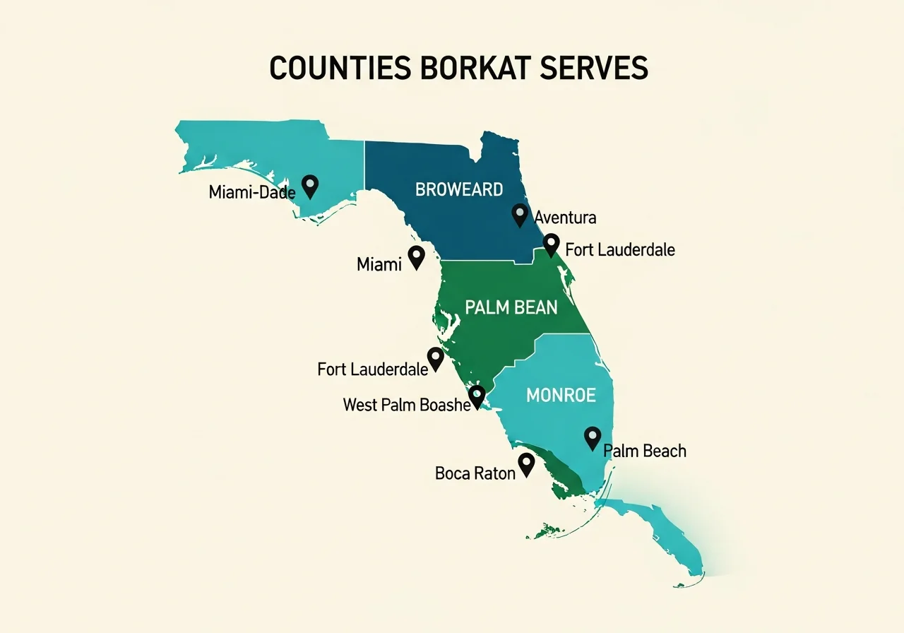 Counties Borkat Plumbing serves — Miami-Dade, Broward, Palm Beach, and Monroe (Florida Keys)