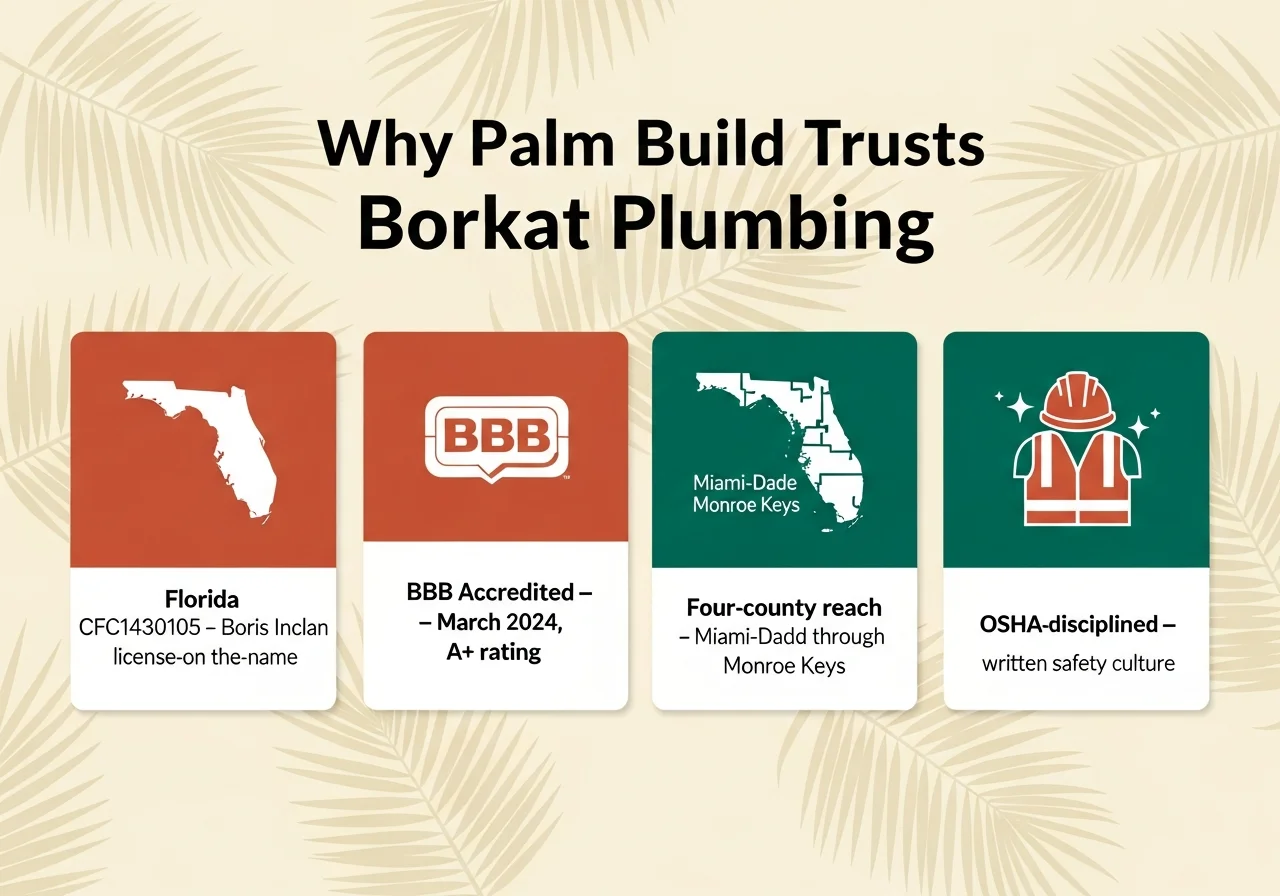 Why Palm Build trusts Borkat Plumbing — Florida-licensed CFC1430105, BBB Accredited March 2024, four-county reach, OSHA-disciplined