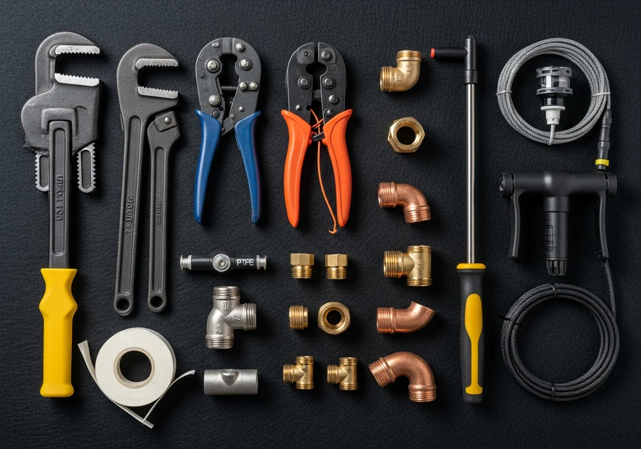 Professional plumbing tools used by Borkat Plumbing — wrenches, cutters, leak-detection wand