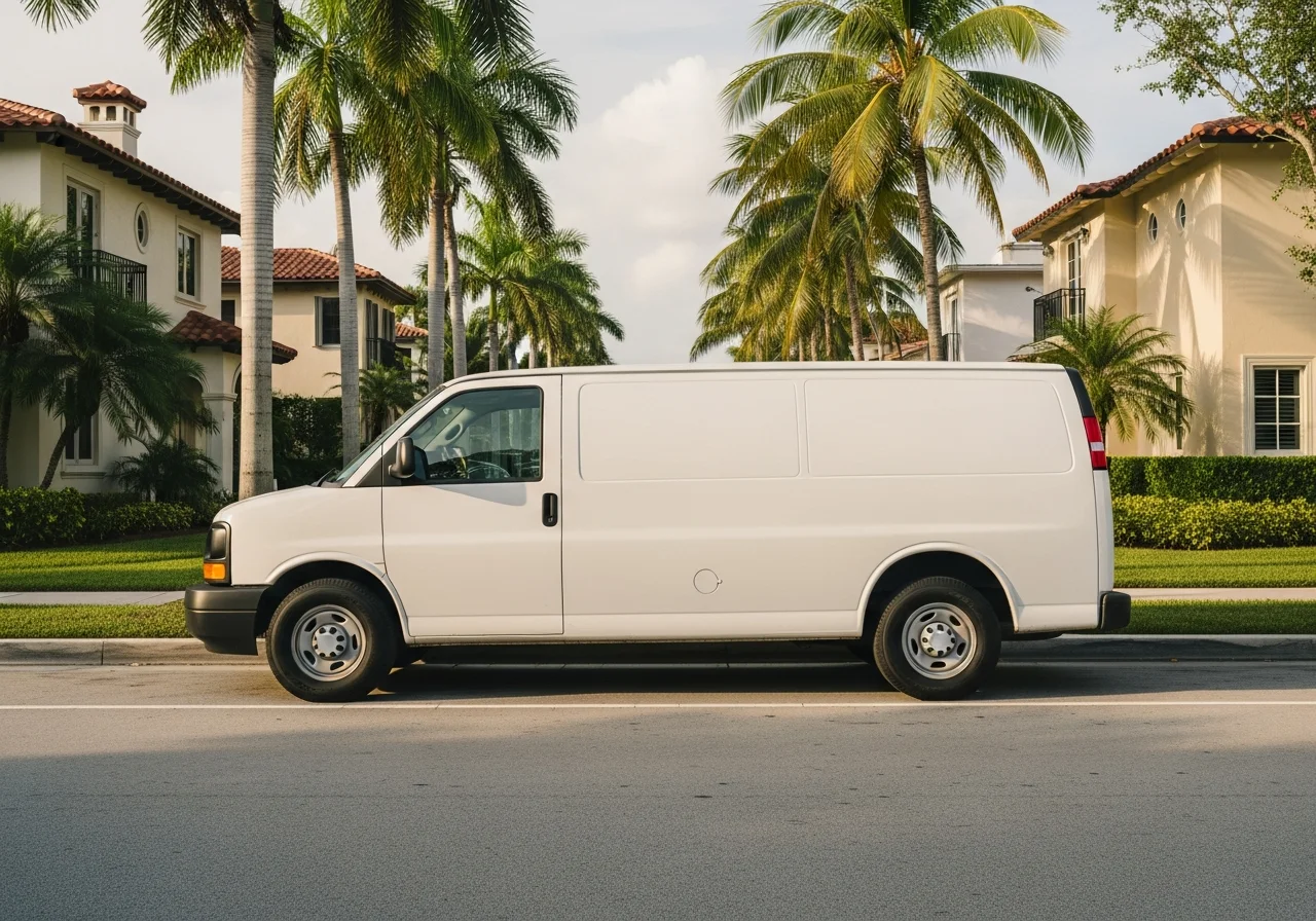 Borkat Plumbing service van parked on a Miami residential street