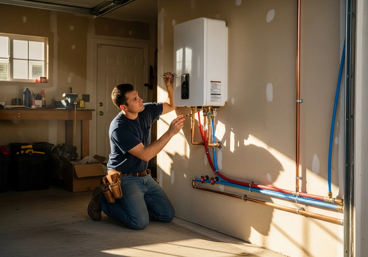 Tankless water heater installation by Borkat Plumbing in a Miami home garage