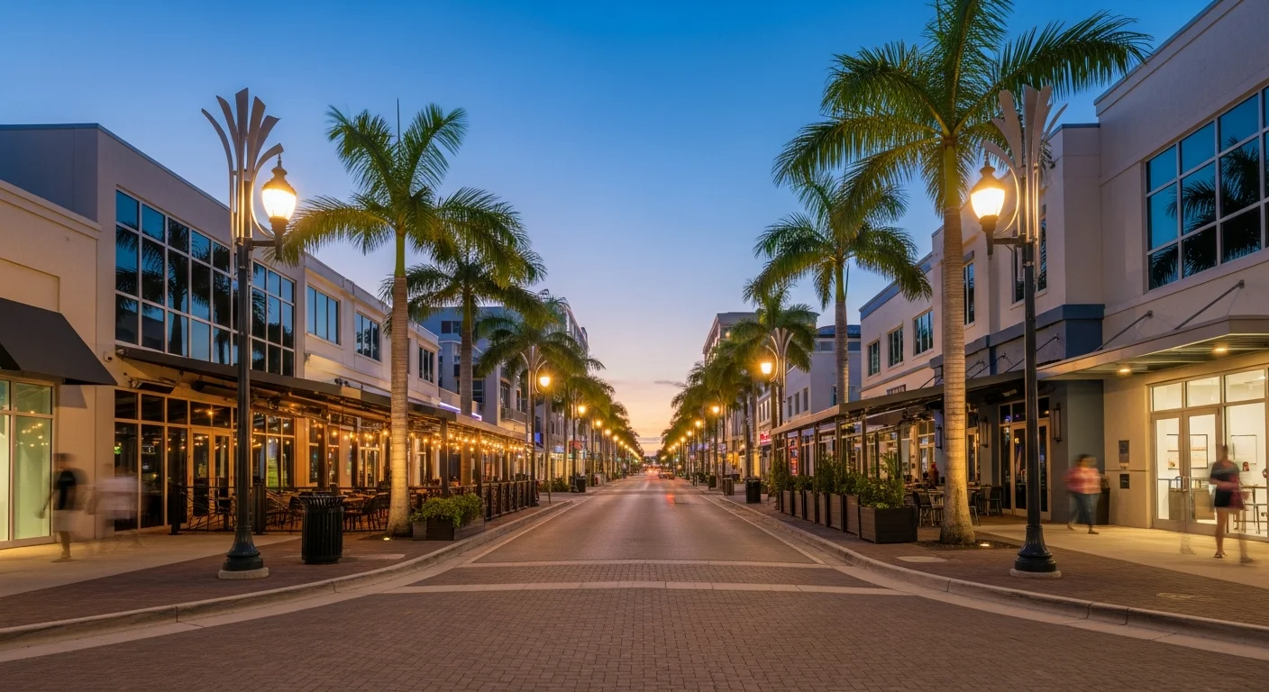 Clematis Street at dusk in downtown West Palm Beach — palm trees, brick pavers, restaurant patios