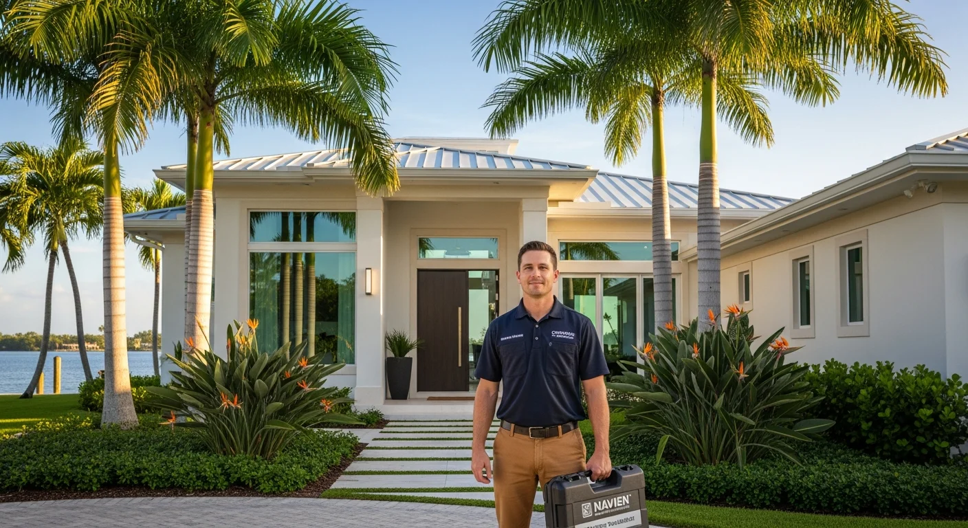 Copperhead Plumbing technician with a Navien tankless install case at the entrance of a modern coastal-contemporary West Palm Beach intracoastal home