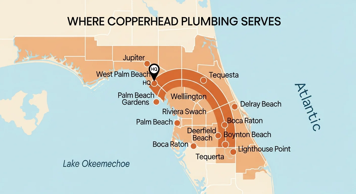 Cities Copperhead Plumbing serves — Palm Beach County and northern Broward, anchored on the West-Palm-Beach-northward arc