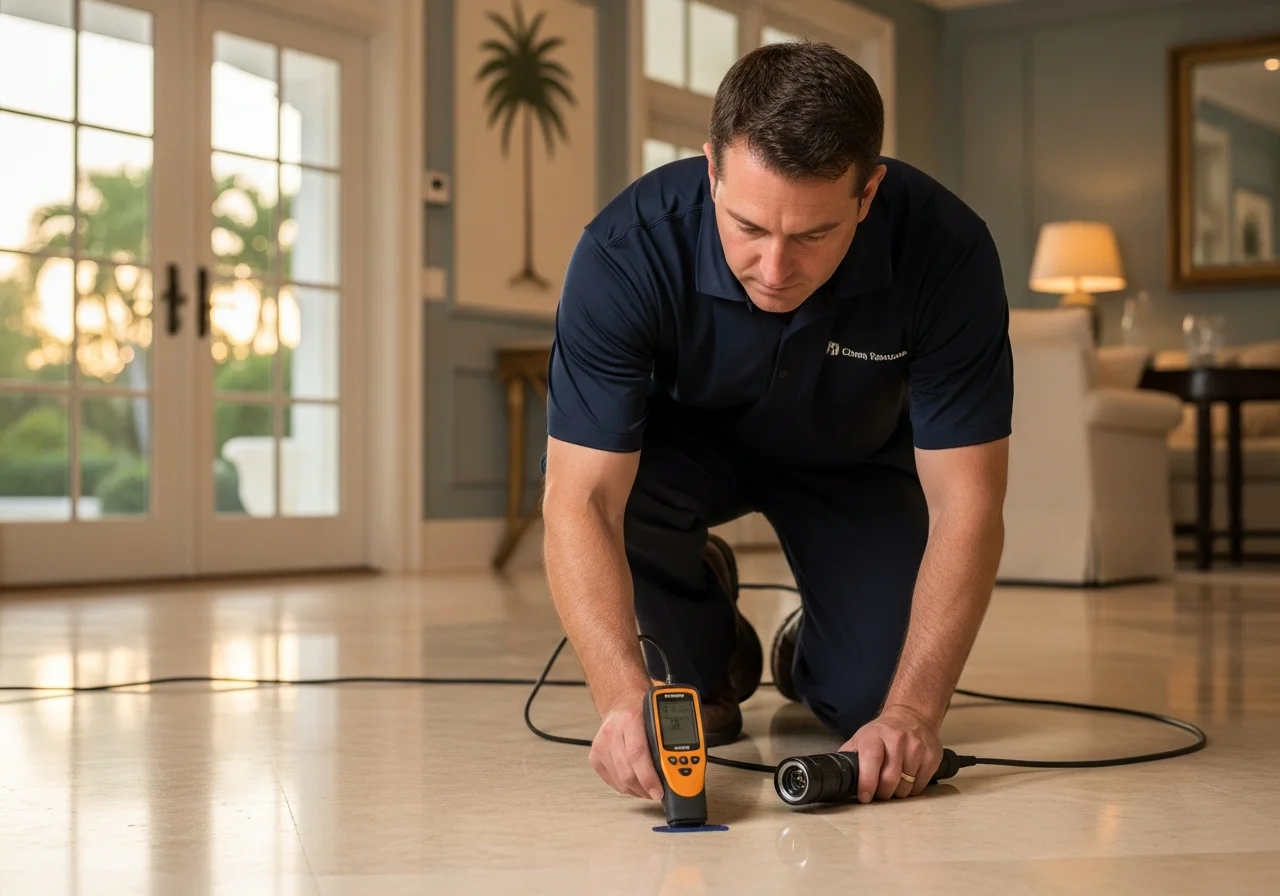 Copperhead Plumbing leak detection on a Palm Beach island home using video pipe-camera and electronic moisture meter