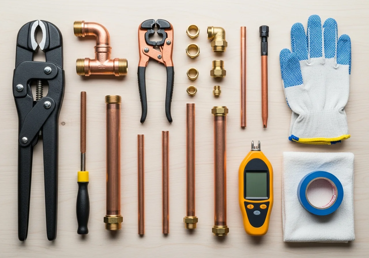 Copperhead Plumbing repipe and leak-detection tools laid out — copper press-fitting tool, pipe cutter, moisture meter
