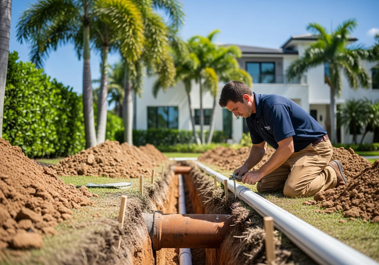 Copperhead Plumbing sewer line repair excavation in a Palm Beach Gardens residential yard