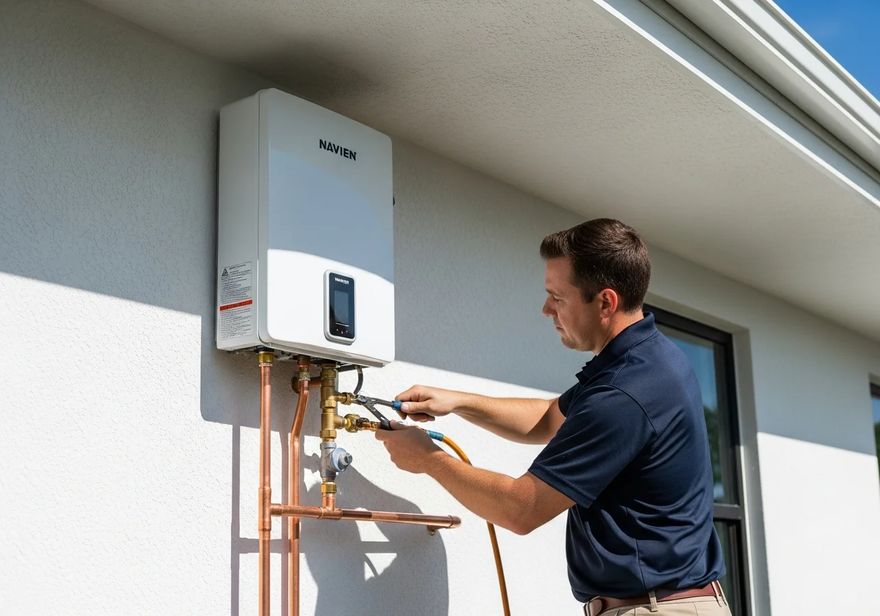 Copperhead Plumbing tankless water heater installation on the exterior wall of a West Palm Beach coastal home