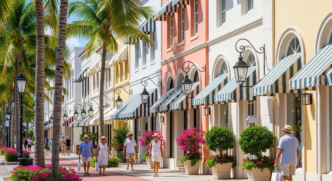 Worth Avenue luxury streetscape in Palm Beach, Florida with pastel storefronts and royal palms